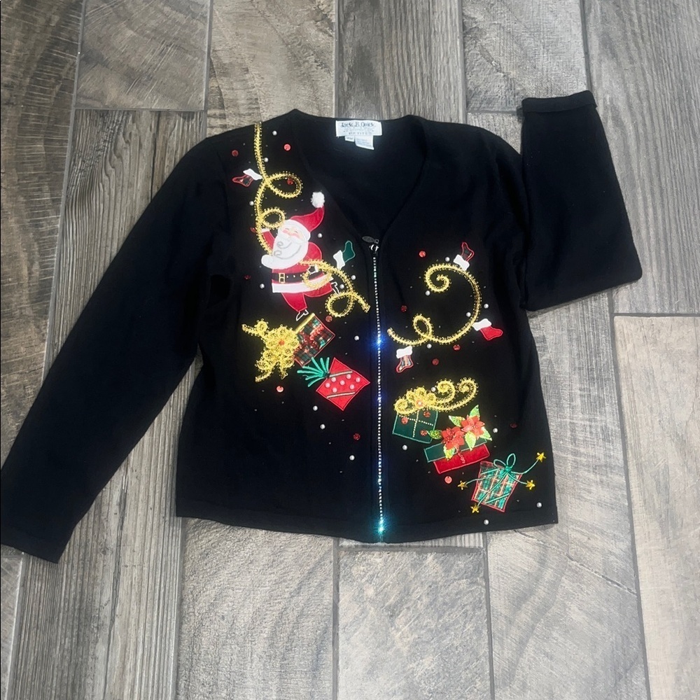 Vintage Jack B Quick Black Cardigan with Santa and Gifts